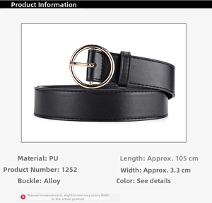 Detail view of 105cm PU leather belt for women featuring a gold circular alloy buckle