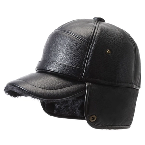 Chapeau de trappeur d'hiver en cuir noir pour hommes avec doublure polaire chaude