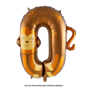 Detail of 40-inch foil balloon in number 0 shape with cute monkey theme and bronze finish