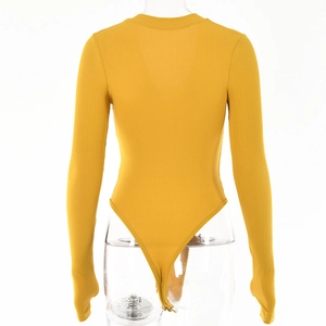 Back view of a yellow ribbed long sleeve bodysuit with elastic texture on a model