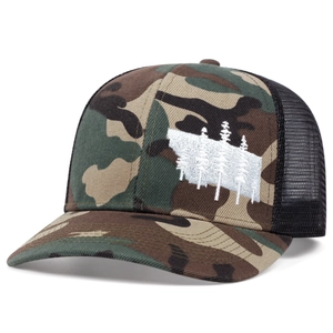 Camo trucker hat with Montana mountain embroidery and breathable black mesh back