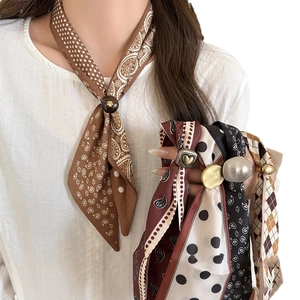 Ethnic paisley and geometric heart silk scarf necklace with vintage metal buckle