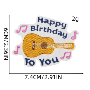 Écusson guitare brodé Joyeux Anniversaire, application thermocollante de 6x7,4cm