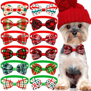 Christmas Pet Bow Tie Adjustable Collar Polyester Grosgrain Ribbon Plaid Snowflake Pattern For Dogs Cats Holiday Party