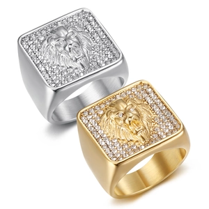 Men's Lion Head Ring Stainless Steel Full Rhinestone Hip Hop Bold Relief Square Jewelry