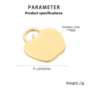 Polished gold stainless steel apple pendant showing product dimensions and technical details