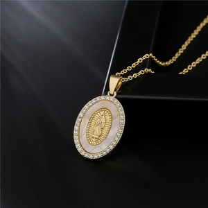 18K gold plated Our Lady of Guadalupe necklace with white shell and round zircons