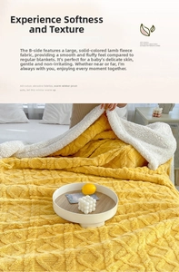 Detail of double-sided thick fleece blanket with yellow diamond texture and white lamb wool