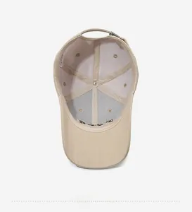 Detail view of khaki baseball cap interior showing six-panel structure and washing label