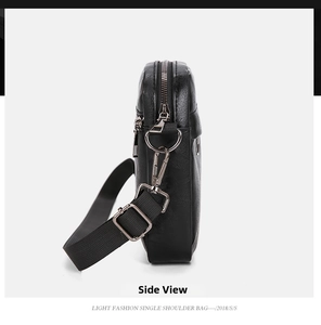 Side view of black PU leather crossbody bag showing metal zipper and nylon strap