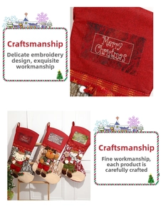 Detail of Christmas stocking gift bags with Santa, reindeer and snowman embroidery