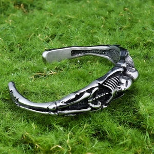 Vintage silver gothic skeleton cuff bracelet with continuous rib bone design for men