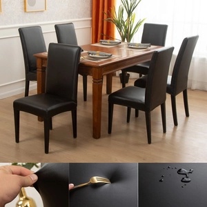 Waterproof PU leather chair cover in black showing elastic stretch and scratch resistance