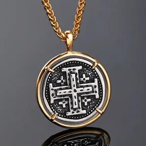 Two-tone Jerusalem cross pendant necklace with gold outer ring and silver medallion