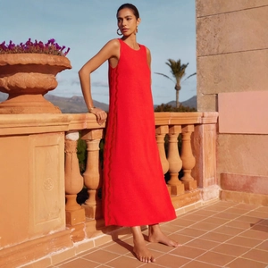 Elegant sleeveless red cotton linen maxi dress with brown wavy lace side embroidery detail