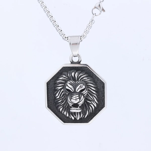Men's hip hop hexagonal lion head pendant necklace in aged stainless steel finish