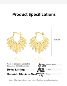 Detailed specs of 18k gold plated stainless steel feather earrings measuring 2.9cm