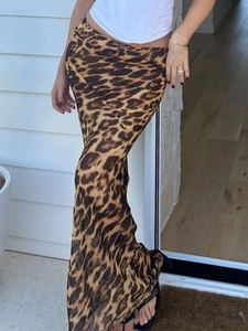 Leopard Print Mesh Maxi Skirt High Waist Slim Fit See-Through Hip Hugging Streetwear Fashion For Women