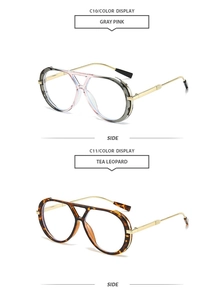 Detail view of vintage pilot sunglasses frames in gray pink and tea leopard patterns