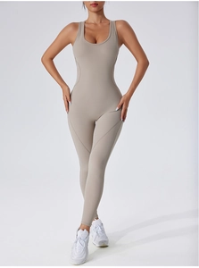 Detailed view of high-elastic backless bodysuit yoga jumpsuit with U-neck design