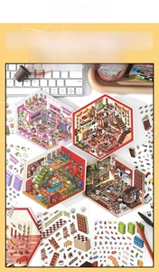 Detail of 2.5D isometric scenery stickers for DIY scrapbooking featuring candy shop themes
