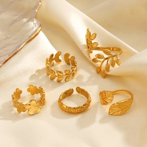 5-piece set of 18K gold plated stainless steel open rings with leaf and flower motifs
