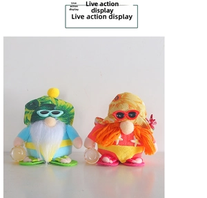 Detail of beach gnome pair with palm tree hats, sunglasses, and plush beards