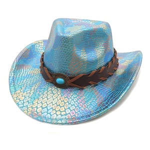 Detail of western cowboy hat with blue snake texture and turquoise stone on leather band