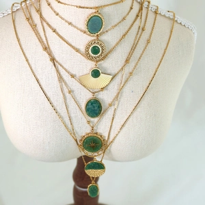 Layered 14K gold plated stainless steel necklace set with green African jade stones