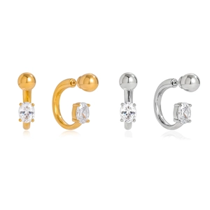 18K gold and silver C-shaped hoop earrings with oval zircon in a minimalist design