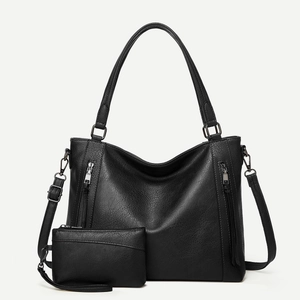 Black pebble leather tote bag set for women with shoulder strap and small pouch