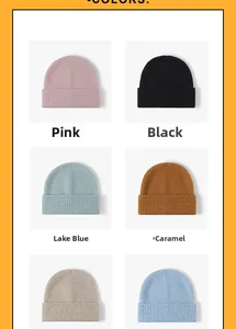 Detailed grid showing pink, black, blue, and caramel ribbed knit beanie color options