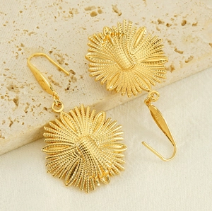 Detail of 316L stainless steel sunflower earrings with fine engraved hallmarks