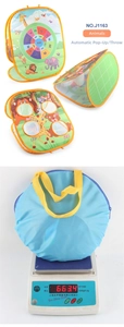 Detail view of foldable animal-themed bean bag toss target toy with carrying case