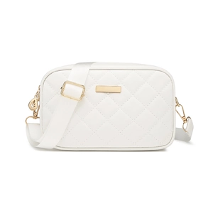White quilted crossbody camera bag with adjustable strap and golden hardware accents