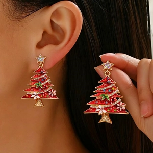 Sparkling Christmas tree stud earrings with red enamel and crystals for holiday parties