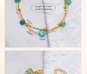 Detailed view of double-layer bracelet with blue stones, white pearls and gold beads