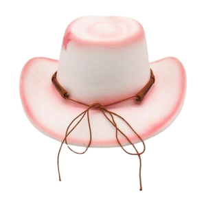 Detail of pink gradient wool fedora hat with star pattern and brown braided cord accent