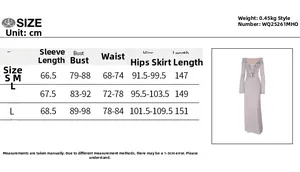 Size chart for long sleeve bodycon dress with measurements for S, M, L in centimeters