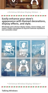 Detailed view of white Christmas window decals featuring Santa, snowman and reindeer