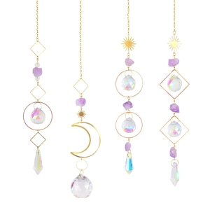 Goldene Sonnen- und Mond-Traumfänger mit Amethyst und K9-Kristallprismen