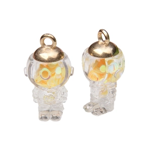 Transparent spaceman glass pendants with orange glitter sequins and gold metal clasps
