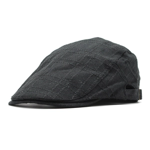 Classic black striped cotton linen beret hat with adjustable metal side buckle