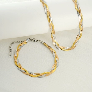 Detailed view of woven tri-color stainless steel snake chains with lobster clasp and tag
