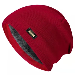 Winter thermal knit beanie hat in red with thick gray fleece lining for outdoor sports