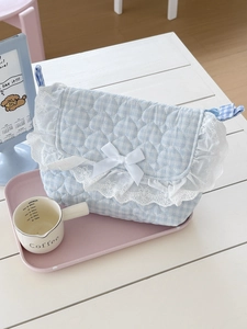 Pink and blue plaid lace crossbody bag with heart quilting and white bow detail