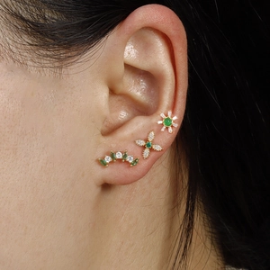 Three-piece set of daisy and starburst screw-back earrings with green and white zircons