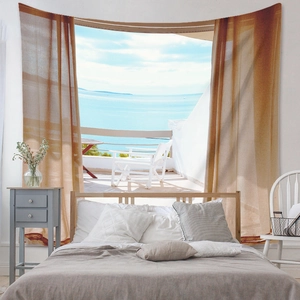 Detail view of Bohemian coastal tapestry hanging as a realistic bedroom wall backdrop