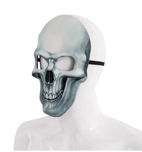 Close-up of Halloween skull mask with realistic bone texture and elastic strap on a white base