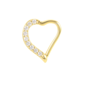 Detailed close-up of golden heart earring with sparkling cubic zirconia pavé stones